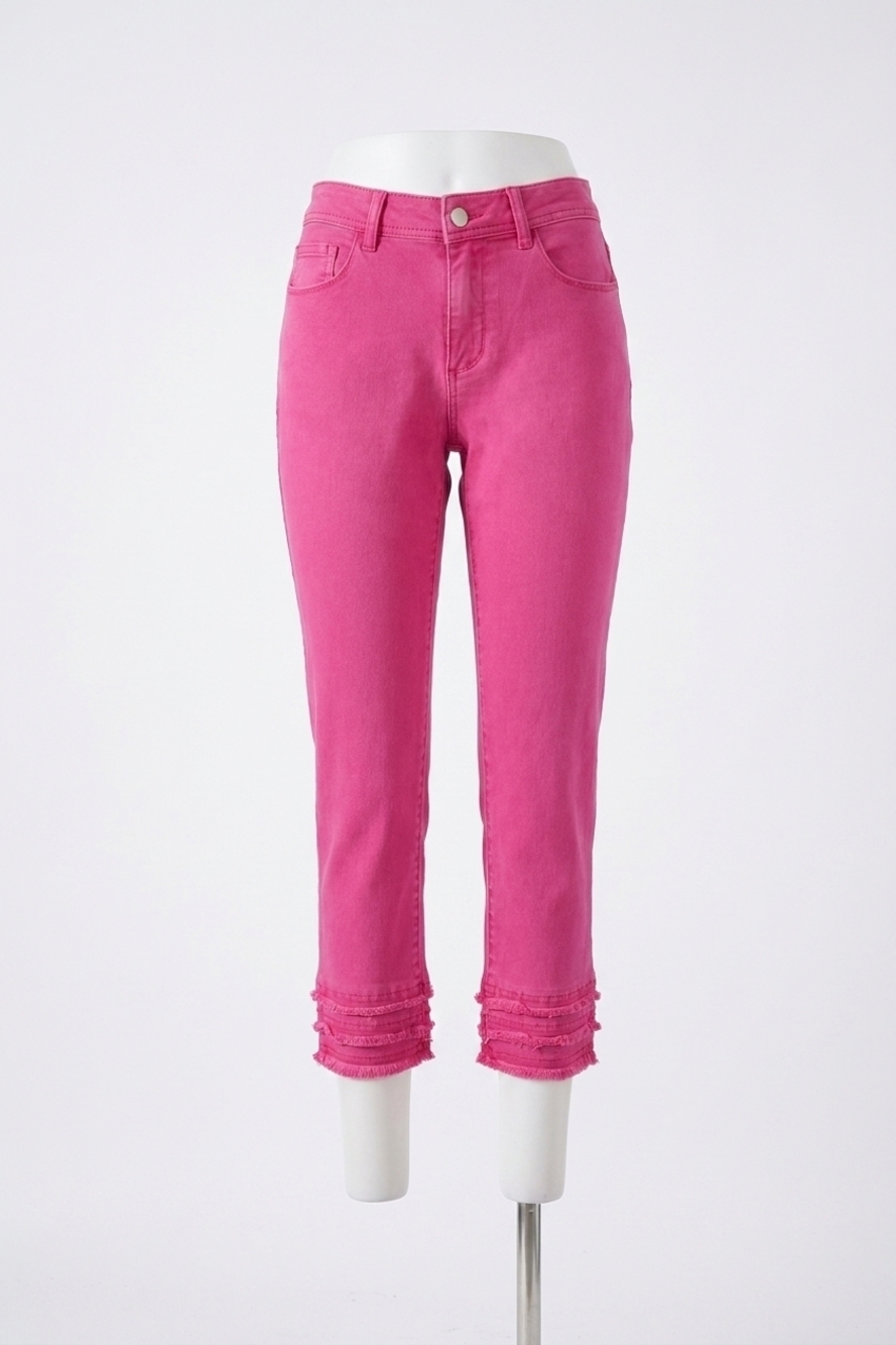NEW FRANK LYMAN fiona woven denim pant with fringe detail in fuchsia